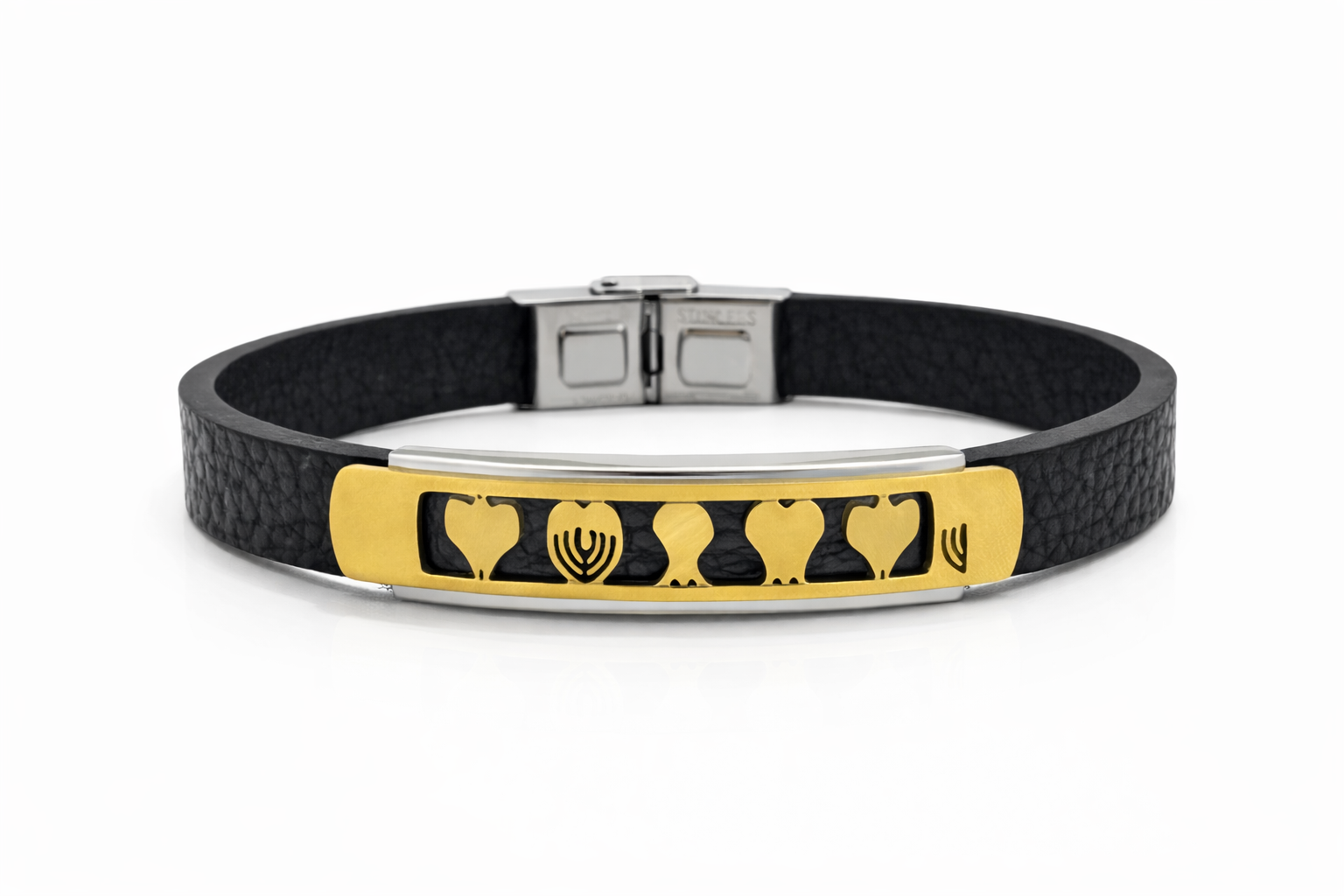 Bracelet Homme Cuir Noir Plaque Dorée