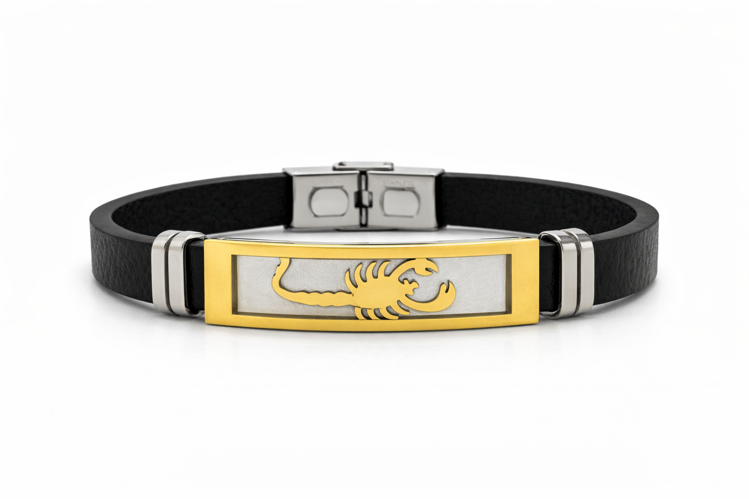 Bracelet Homme Cuir Noir Scorpion Doré