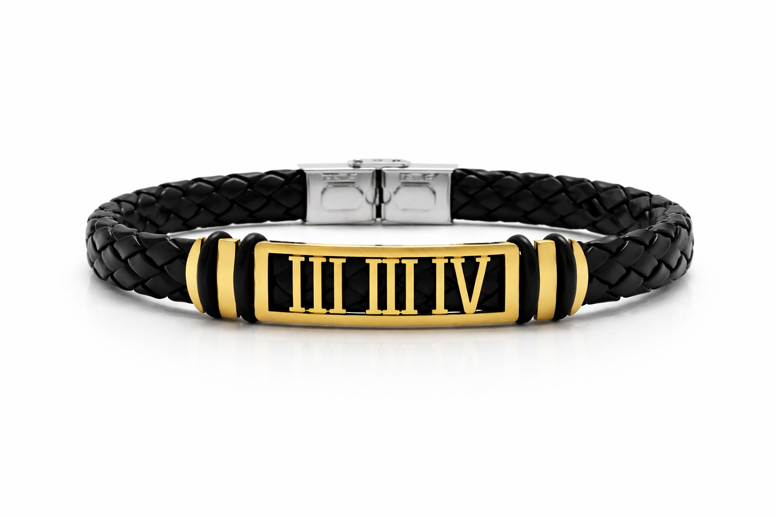 Bracelet Homme Cuir Tressé Noir Chiffres Romains Dorés