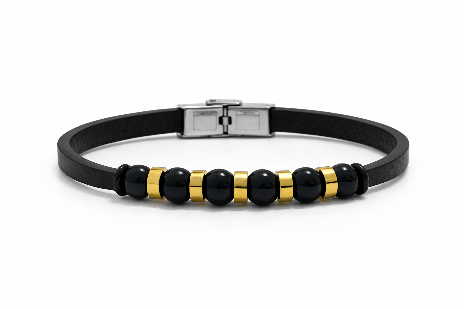 Bracelet Homme Cuir Noir Perles Noires & Dorées