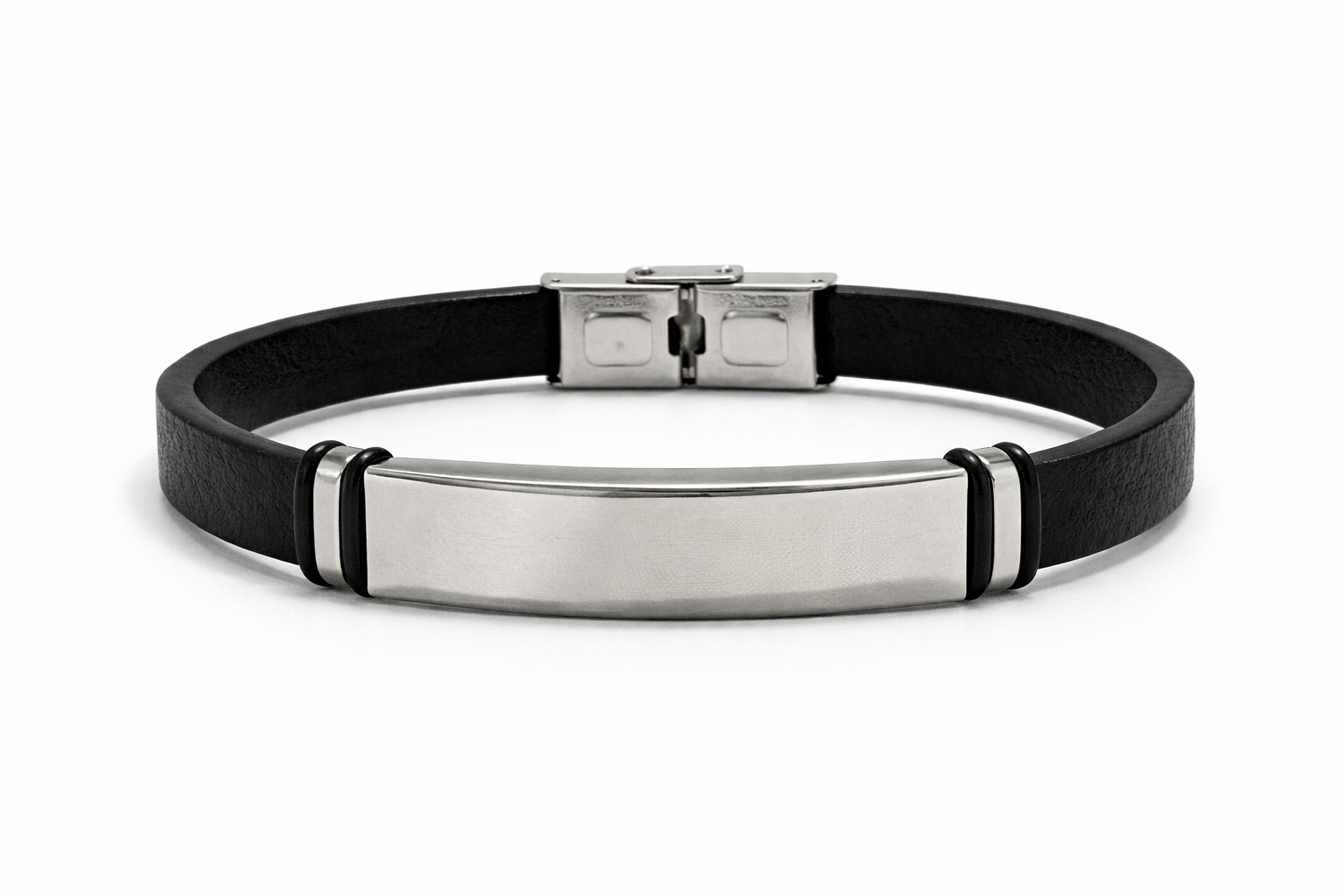 Bracelet Homme Cuir Noir Plaque Argent