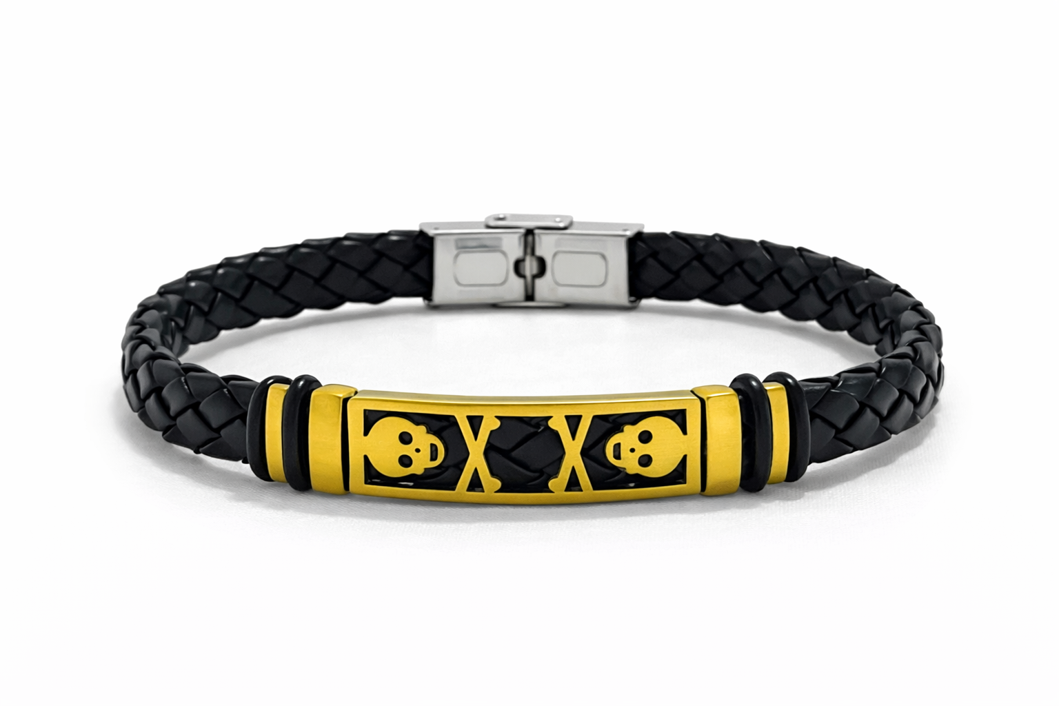 Bracelet Homme Cuir Tressé Noir Tête de Mort Dorée