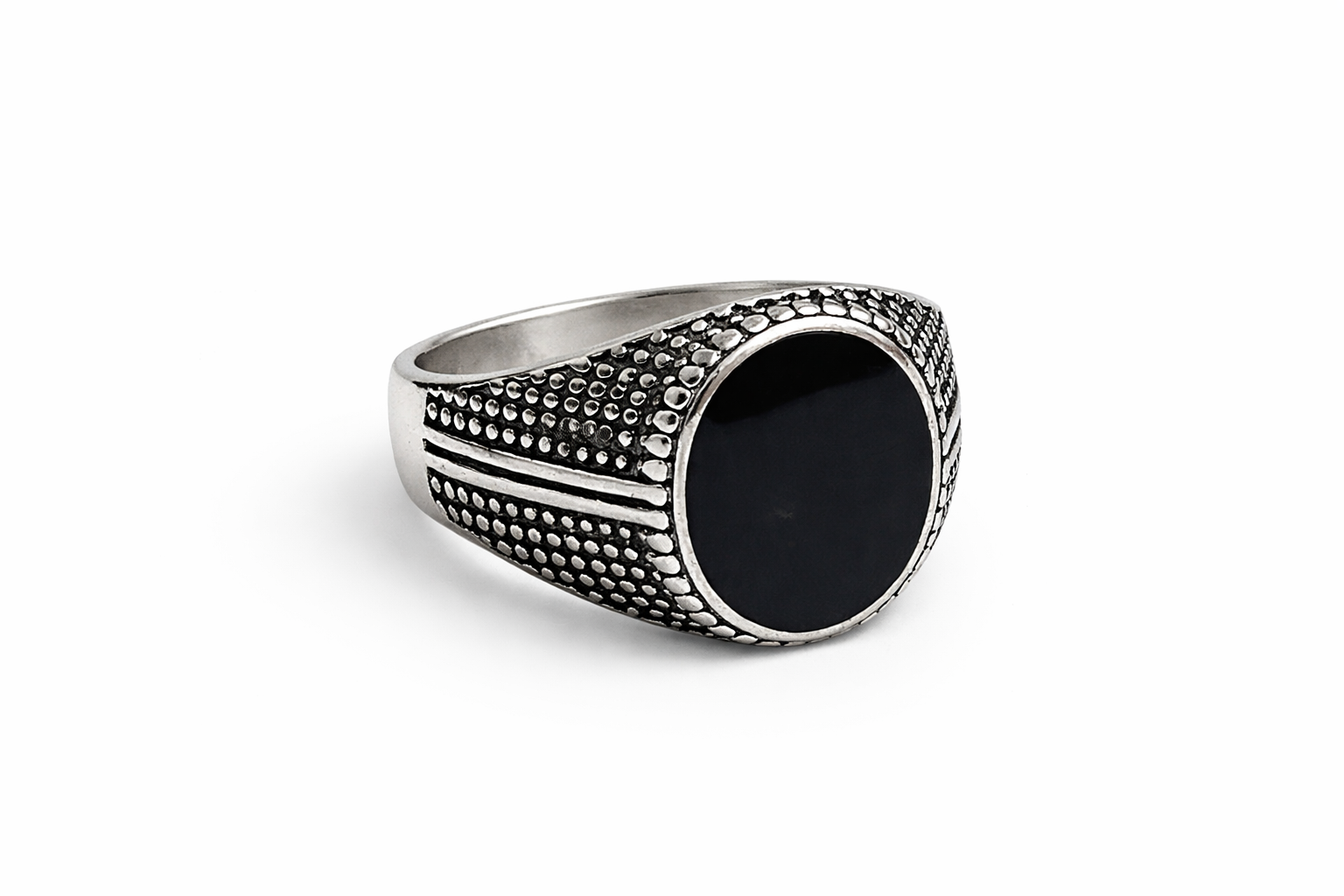 Bague Onyx Ovale Texturée en Acier Inoxydable