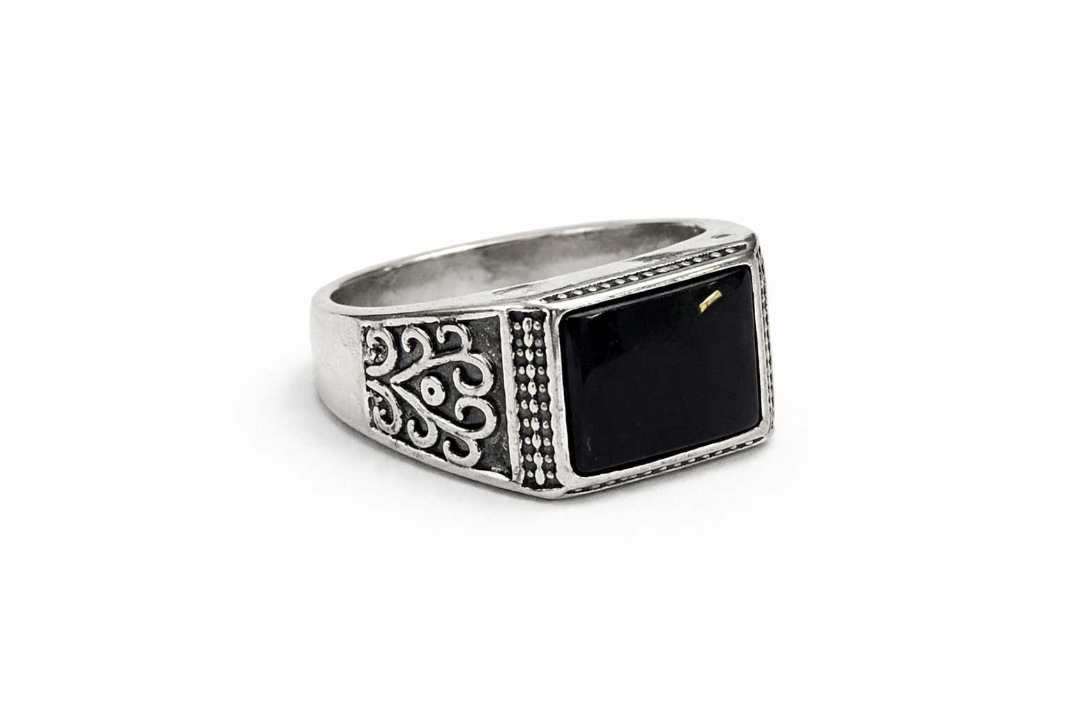 Bague Onyx Rectangulaire Gravure Ornementale en Acier Inoxydable